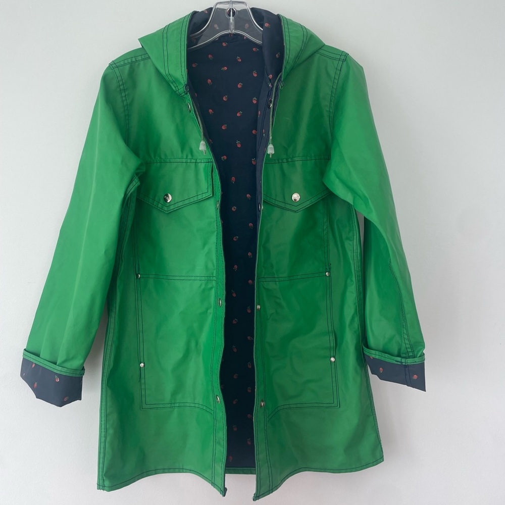 Vintage Preppy 80s Green Raincoat with Strawberries Lining